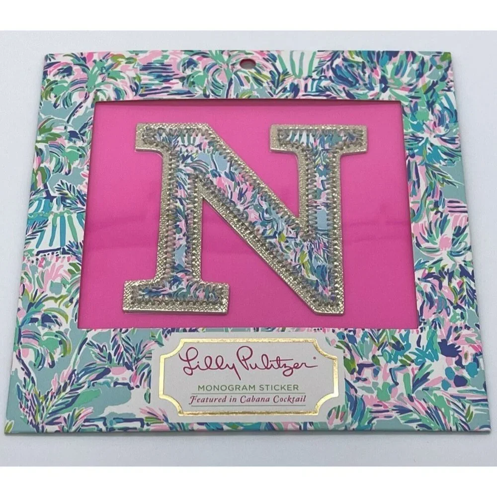 New In Box Lilly Pulitzer Letter "N" Monogram Sticker Pattern Cabana Cocktail - Picture 2 of 3